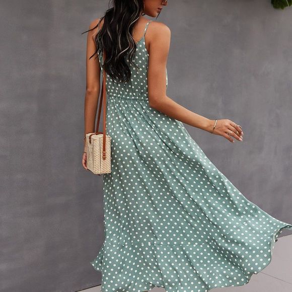 New Button Through Drawstring Waist Polka Dot Cami Dress Mint Green 226 - Picture 3 of 7